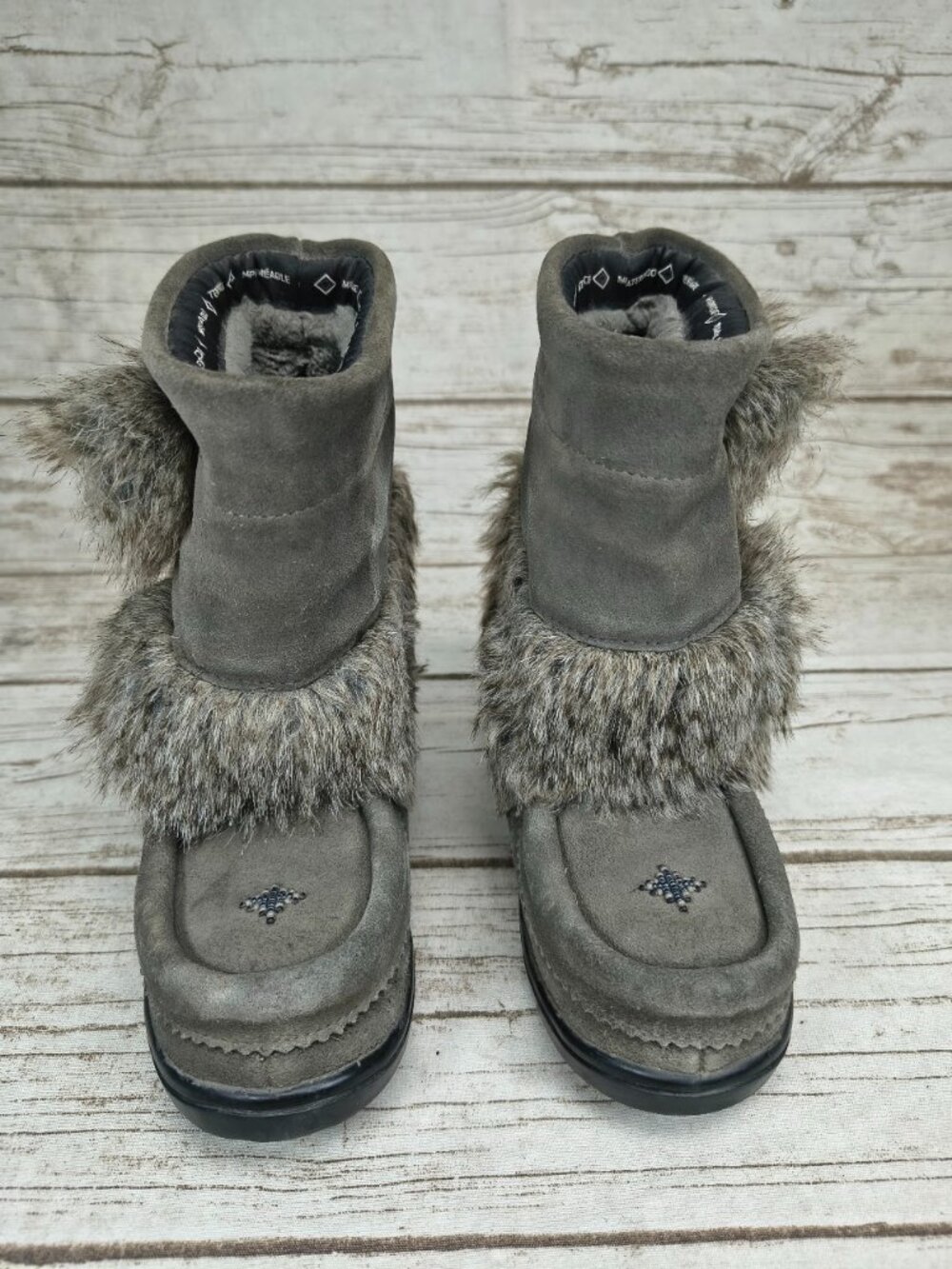 Manitobah Mukluks Gray Fur Trim Waterproof Winter Boots Youth Size 1